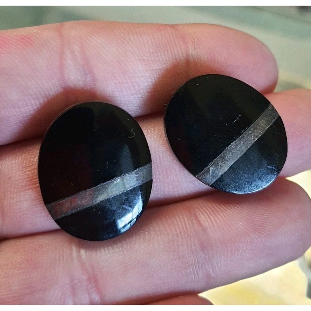 Vintage ND 925 Sterling And Onyx Oval Shaped Modernist Post Back Stud Earrings